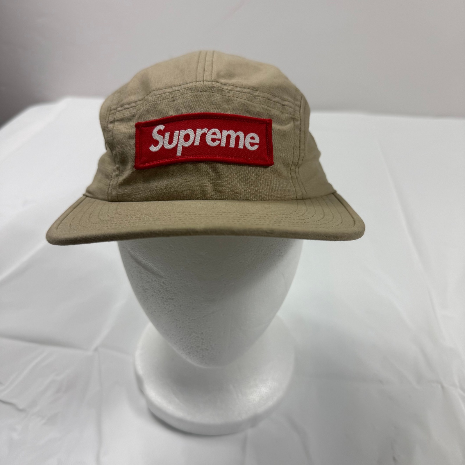 Supreme 5 Panel Camp Cap Tan Khaki Red Box Logo Adjustable Strapback Hat Mens